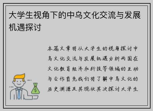 大学生视角下的中乌文化交流与发展机遇探讨